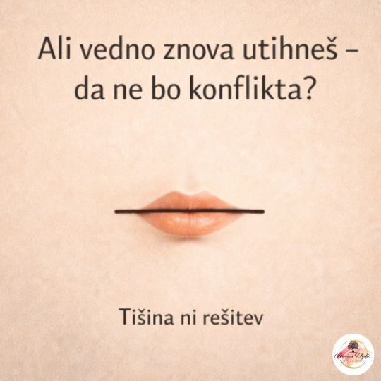 Minimalistična ilustracija zaprtih ust kot simbol uti&scaron;anega glasu in notranje ti&scaron;ine