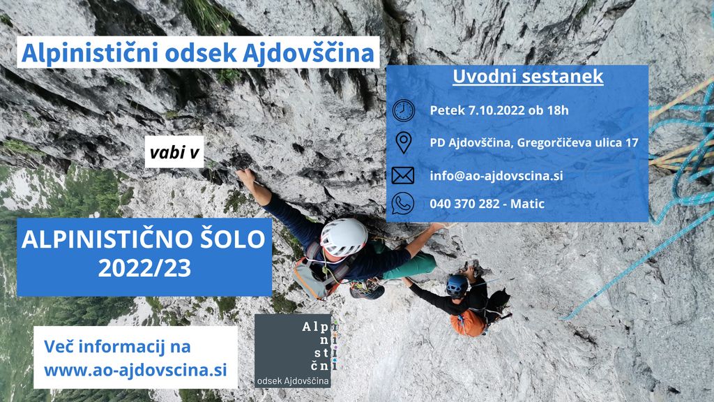 Alpinistični odsek  Ajdov&scaron;čina vabi v alpinistično &scaron;olo 2022/23