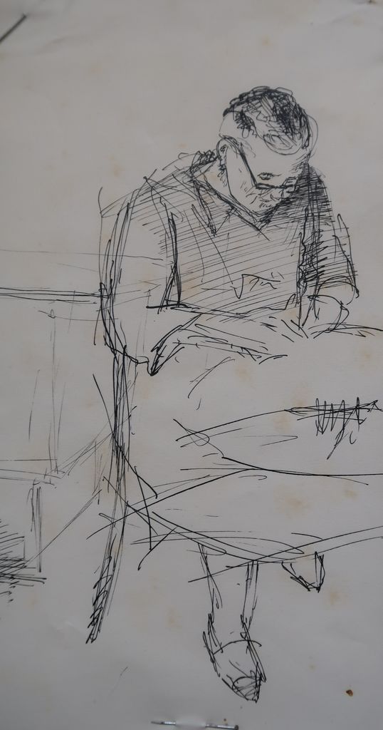 Harald Wurzbach pl. Tannenberg, skica Jere Meze pri ročnem delu (papir; perorisba; zasebna last)