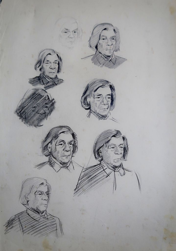 Harald Wurzbach pl. Tannenberg, osem študij glave starejšega gospoda (papir; risba s svinčnikom; zasebna last)