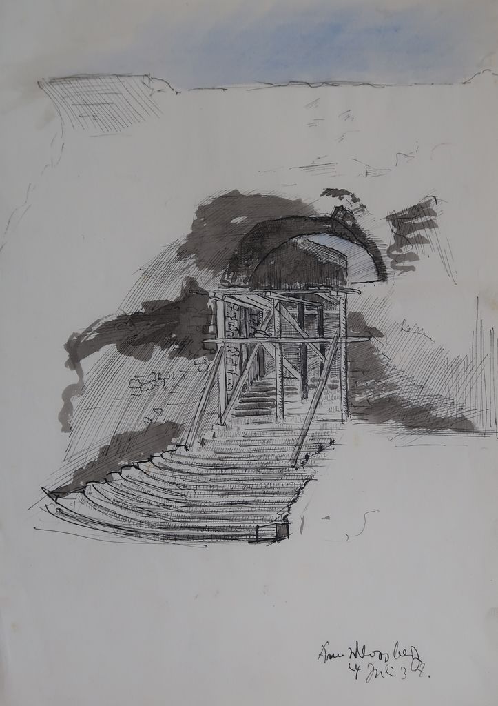 Harald Wurzbach pl. Tannenberg, (Grajsko) stopnišče z zidarskim odrom, 1937 (papir; lavirana perorisba; dat. d. sp. 4 Juli 37.; zasebna last)