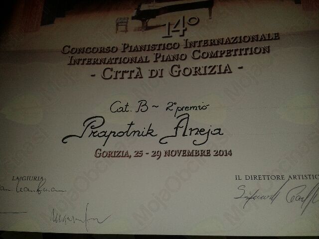Aneja Prapotnik - II. nagrada na mednarodnem tekmovanju pianistov v Italiji