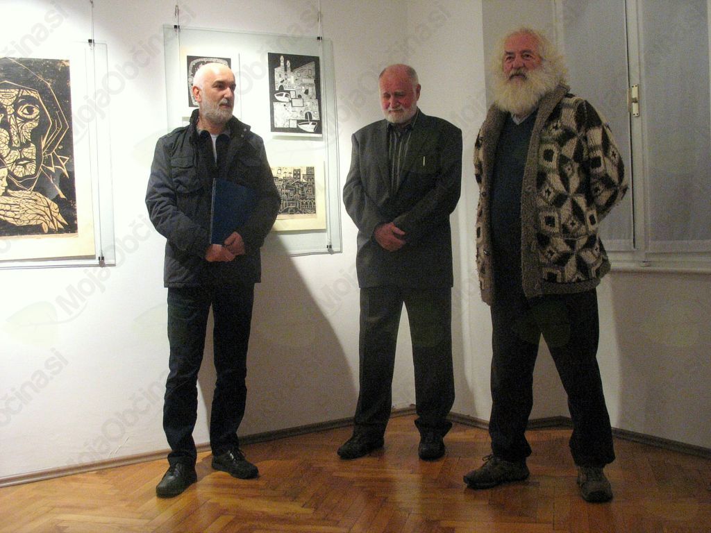 Vladimir Bačič, Pavel Medvešček in Franc Golob ob odprtju razstave