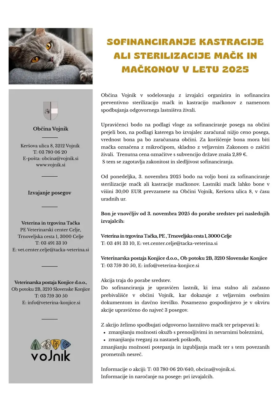 SOFINANCIRANJE KASTRACIJE ALI STERILIZACIJE MAČK IN MAČKONOV V LETU 2025