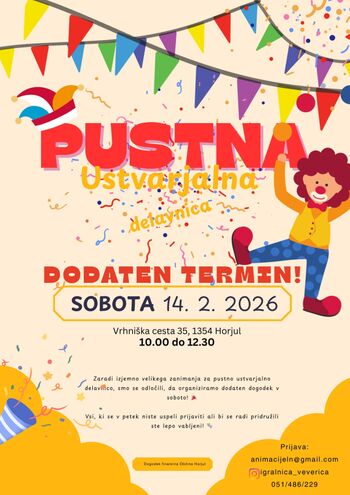 BREZPLAČNA PUSTNA USTVARJALNICA - DODATEN TERMIN