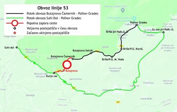 Obvoz avtobusne linije 53 Polhov Gradec-Suhi dol zaradi popolne zapore ceste v Mali vodi