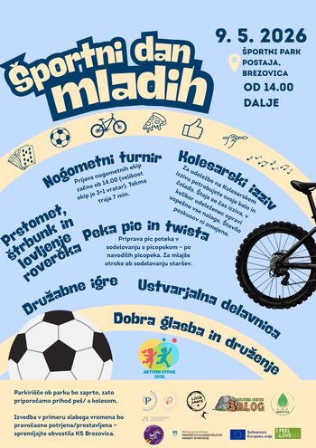 KS Brezovica: ŠPORTNI DAN MLADIH 2026 v Športnem parku Postaja, sobota 9.5.2026 od 14.00 dalje