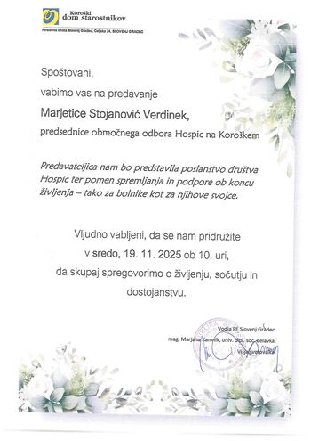 Predavanje Marjetice Stojanović Verdinek iz Društva Hospic
