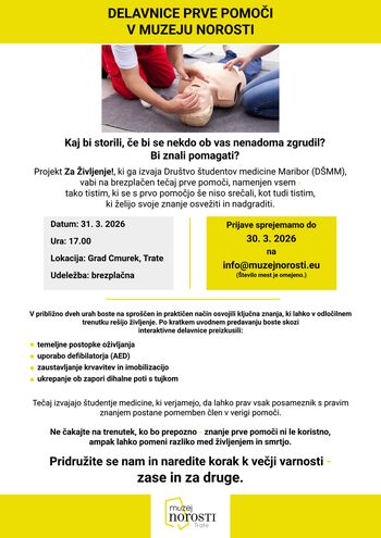 DELAVNICA PRVE POMOČI V MUZEJU NOROSTI Kaj bi storili, če bi se nekdo ob vas nenadoma zgrudil?  Bi znali pomagati?