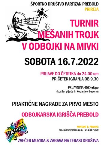 Zmorem preplavati 100 m, tenis turnir in turnir mešanih trojk v odbojki na mivki - 16.7.2022 v Preboldu 