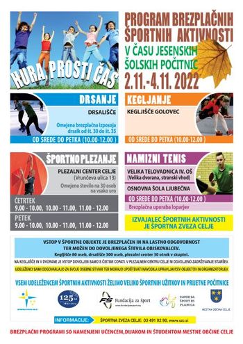 Brezplačne športne aktivnosti v času šolskih jesenskih počitnic v Mestni občini Celje 