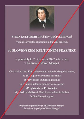 Slavnostna akademija ob slovenskem kulturnem prazniku je odpovedana