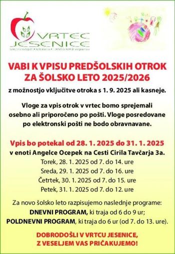 Vpis predšolskih otrok v Vrtec Jesenice za šolsko leto 2025/2026