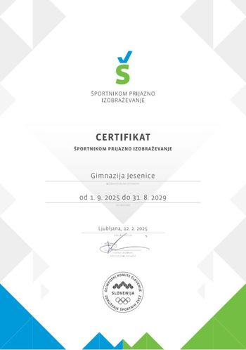 Jeseniška Fakulteta za zdravstvo Angele Boškin in Gimnazija Jesenice prejemnici certifikata "Športnikom prijazno izobraževanje"