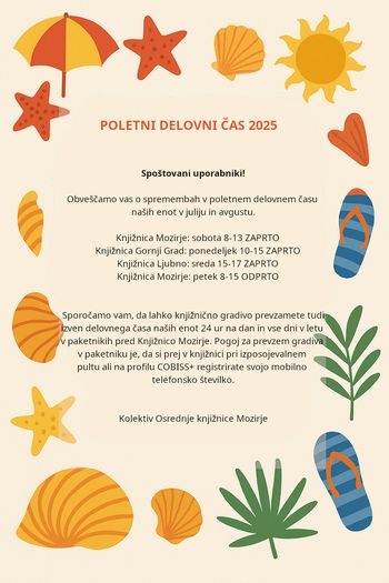 Poletni delovni čas Osrednje knjižnice Mozirje in njenih enot