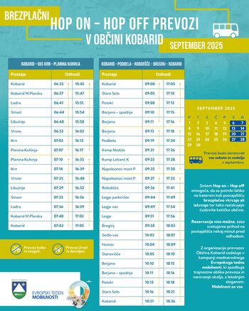 Brezplačni Hop on – Hop off prevozi v občini Kobarid med septembrskimi vikendi Brezplačni Hop on – Hop off prevozi v občini Kobarid med septembrskimi vikendi