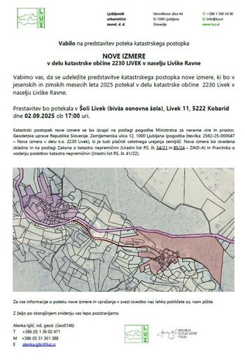 VABILO na predstavitev nove izmere v delu k.o. LIVEK VABILO na predstavitev nove izmere v delu k.o. LIVEK