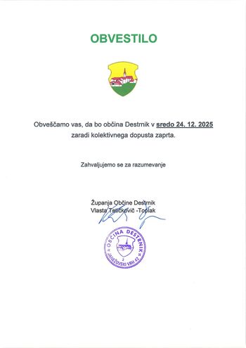 Obvestilo - delovni čas Občine Destrnik