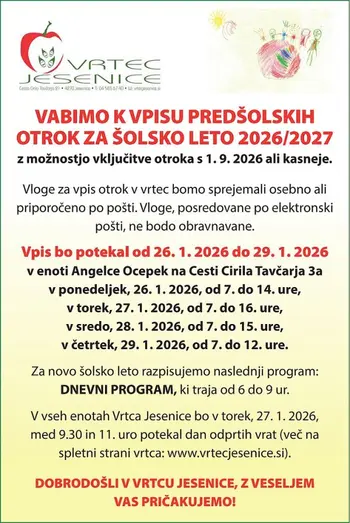Vpis predšolskih otrok v Vrtec Jesenice za šolsko leto 2026/2027