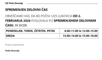 Obvestilo o spremembi delovnega časa pošte Lukovica