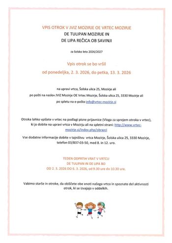 VPIS OTROK V JVIZ MOZIRJE OE VRTEC MOZIRJE ZA ŠOL. L. 2026 – 2027