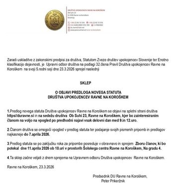 SKLEP O OBJAVI PREDLOGA NOVEGA STATUTA DRUŠTVA UPOKOJENCEV RAVNE NA KOROŠKEM