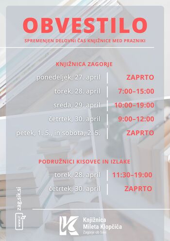 Spremenjen delovni čas knjižnice med prazniki