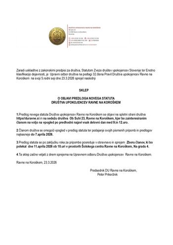 SKLEP O OBJAVI PREDLOGA NOVEGA STATUTA DRUŠTVA UPOKOJENCEV RAVNE NA KOROŠKEM