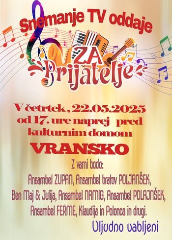 Vabilo na snemanje TV-oddaje ZA PRIJATELJE