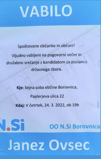 Pogovorni večer v Borovnici s kandidatom NSi za poslanca državnega zbora