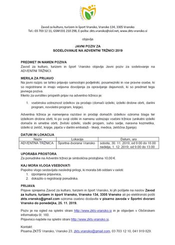 JAVNI POZIV ZA SODELOVANJE NA ADVENTNI TRŽNICI 2019 in PRIJAVNICA