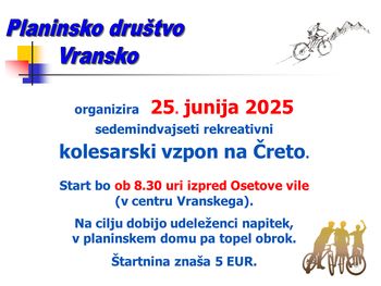 SEDEMINDVAJSETI REKREATIVNI KOLESARSKI VZPON NA ČRETO