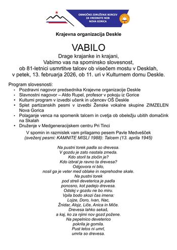 Vabilo na spominsko slovesnost, ob 81-letnici usmrtitve talcev ob visečem mostu v Desklah