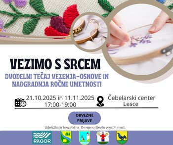 Vezimo s srcem  Dvodelni tečaj vezenja-osnove in nadgradnja ročne umetnosti