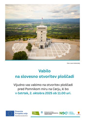 Vabilo na otvoritev nove ploščadi pred Pomnikom miru na Cerju