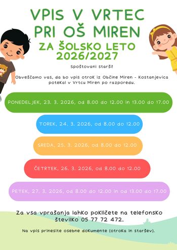 VPIS V VRTEC ZA ŠOLSKO LETO 2026/27