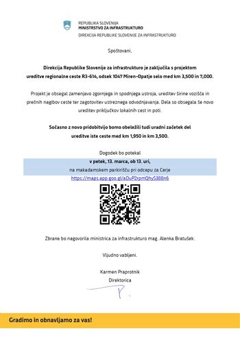 Vabilo na obeležitev zaključka ureditve ceste Miren–Opatje selo