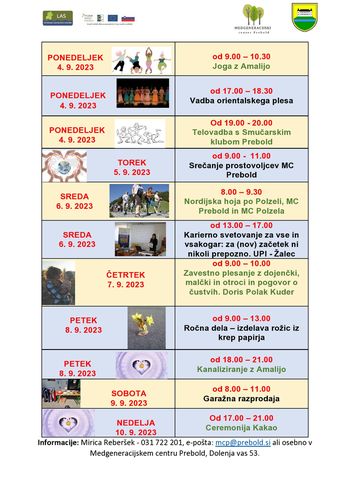 Program Medgeneracijskega centra Prebold, od 4. 9. do 10. 9. 2023