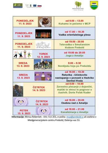 Tedenski program Medgeneracijskega centra Prebold, od 11. 9. do 15. 9. 2023 Tedenski program Medgeneracijskega centra Prebold, od 11. 9. do 15. 9. 2023