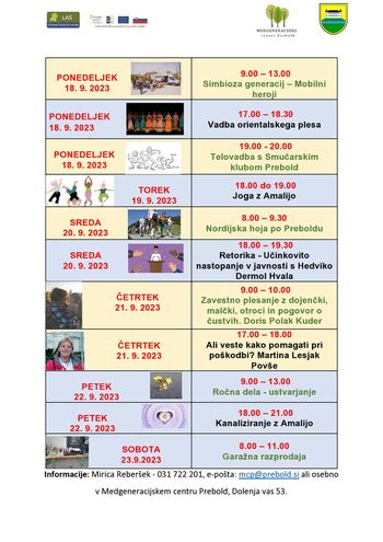 Tedenski program Medgeneracijskega centra Prebold, od 18. 9. do 23. 9. 2023