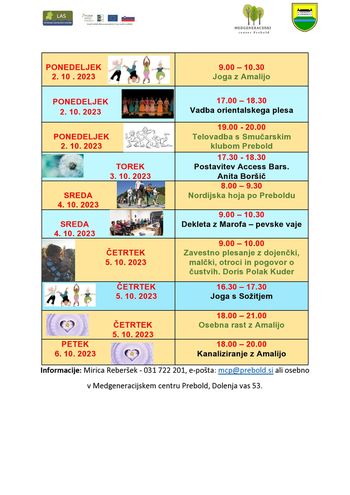 Tedenski program Medgeneracijskega centra Prebold od 2.10. do 6.10.2023 Tedenski program Medgeneracijskega centra Prebold od 2.10. do 6.10.2023