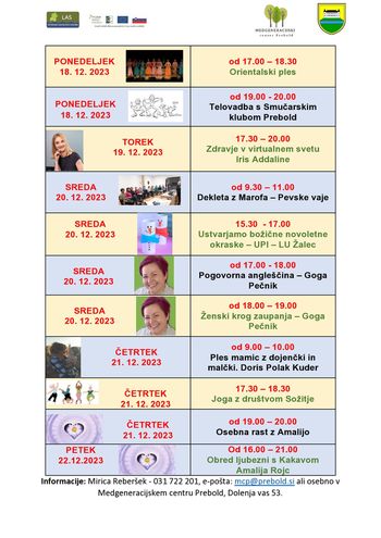 Tedenski program Medgeneracijskega centra Prebold, od ponedeljka, 18. 12. 2023 do petka 22.12.2023