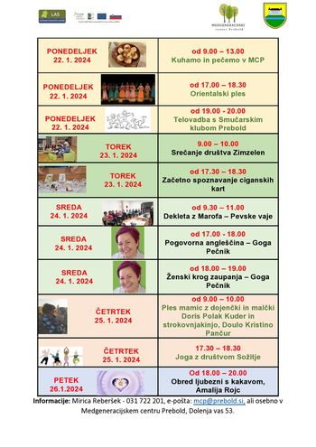 Tedenski program Medgeneracijskega centra Prebold, od ponedeljka, 22. 1. 2024 do petka, 26.1.2024