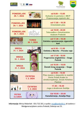 Tedenski program Medgeneracijskega centra Prebold, od ponedeljka, 29. 1. 2024 do petka, 2.2.2024