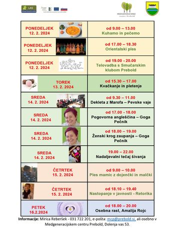 Tedenski program Medgeneracijskega centra Prebold, od ponedeljka, 12. 2. 2024 do petka, 16.2.2024