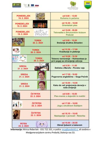 Tedenski program Medgeneracijskega centra Prebold, od ponedeljka, 19. 2. 2024 do petka, 23.2.2024