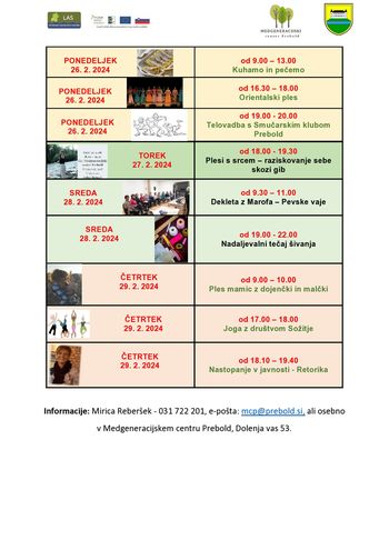 Tedenski program Medgeneracijskega centra Prebold, od ponedeljka, 26. 2. 2024 do četrtka, 29.2.2024