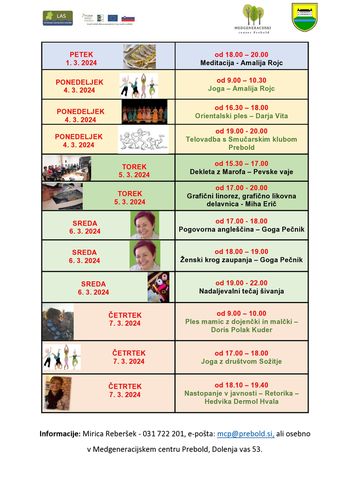 Tedenski program Medgeneracijskega centra Prebold, od petka, 1. 3. 2024 do četrtka, 7. 3. 2024