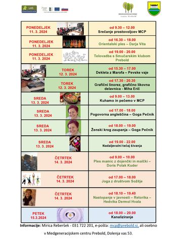Tedenski program Medgeneracijskega centra Prebold, od petka, 11. 3. 2024 do četrtka, 15. 3. 2024