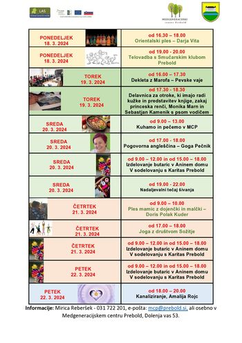 Tedenski program Medgeneracijskega centra Prebold, od petka, 18. 3. 2024 do petka, 22. 3. 2024